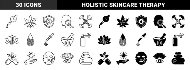 Fototapeta premium Dermatology and Holistic Skincare Icon Set Featuring Hybrid Symbols Merging Botanical Elements with Laboratory Science and Wellness Therapy Concepts