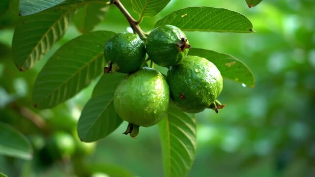 Fresh green unripe guavas with water drops on a branch