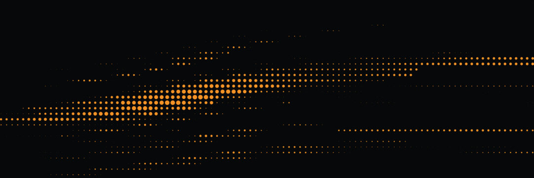 Abstract orange halftone dotted wave lines on black background dynamic digital motion pattern for technology banner presentation website header and marketing template vector illustration