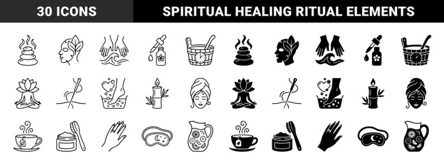 Fototapeta premium Wellness and Holistic Spa Therapy Icons Featuring Hybrid Symbols of Zen Meditation Beauty Treatments and Organic Self Care Rituals in Dual Line and Solid Styles