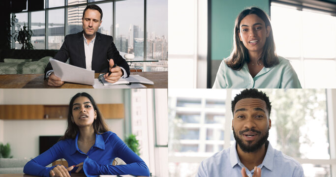 Confident young business professionals of different races talking on video call from screen. Company leaders, marketing influencers, freelancers looking at camera, speaking. Collage split portrait