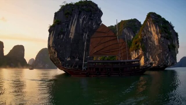 A serene landscape featuring towering limestone karsts rising from calm waters at sunrise. A traditional wooden boat is anchored nearby, reflecting the tranquil scene.