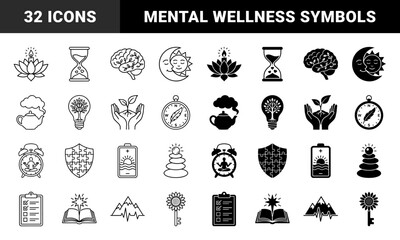 Mindfulness and Personal Growth Concept Icons Featuring Hybrid Symbolic Mergers of Nature Time and Mental Wellness in Outline and Solid Styles