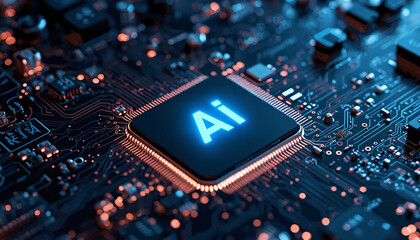 Human Hand Interacting with Glowing Blue Artificial Intelligence, Digital Interface and Circuitry