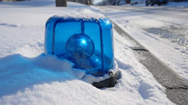 Blue emergency light covered with fresh snow on the side of a road on a bright winter day.