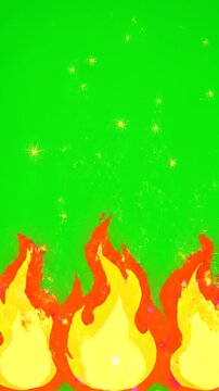 A vibrant digital illustration of stylized flames rising against a bright green background with sparkling lights