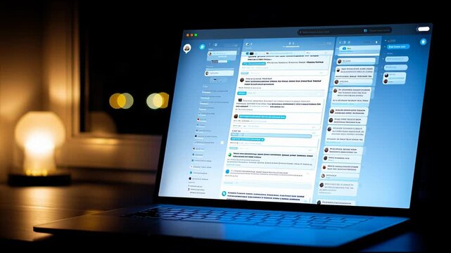 Chat messages are shown on a laptop screen with heavy redaction in a dark room illuminated by a lamp. Details remain concealed.