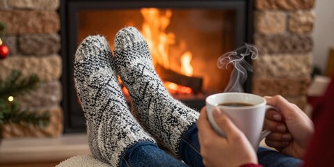 Person enjoys a hot beverage by the fireplace in a cozy setting during winter season