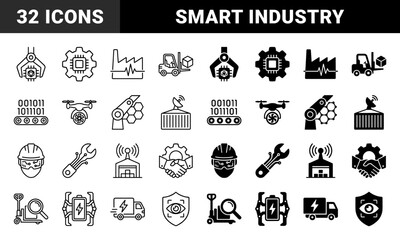 Fototapeta premium Industrial Automation and Smart Logistics Hybrid Icons Featuring Robotic Arms Integrated with Microchips Warehouse Drones and Electric Delivery Trucks
