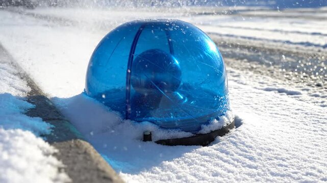 Blue emergency light dome covered in snow on a winter road with vehicles in background creating wintery scene