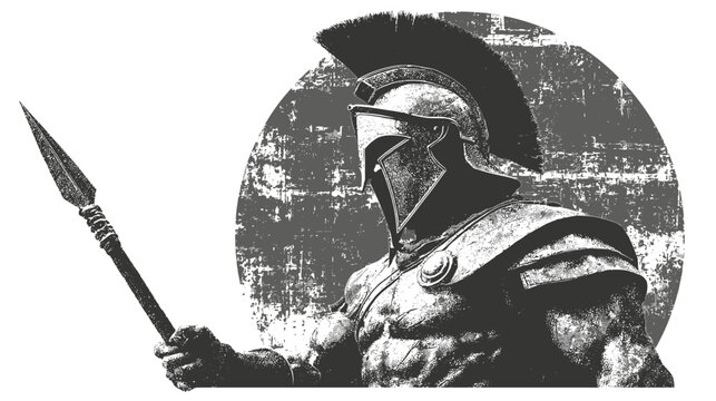 A Spartan warrior in detailed armor holding a spear, set against a distressed gray circle background