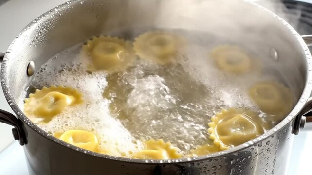 Boiling fresh tortellini pasta in a stainless steel pot on a white stove top for a homemade Italian meal