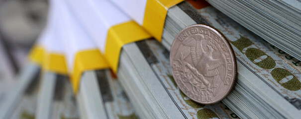 US coin lies among ten thousand dollars packs in stack on big amount of hundred dollar bills © Larysa