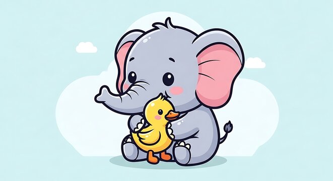 Cute elephant and duck cartoon friends.