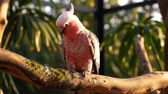 Beautiful pink galah parrot perched on a branch in a natural environment during a sunny day