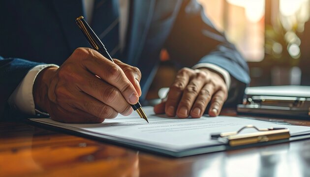 Businessperson signing a contract with a pen, symbolizing agreement and legal documentation in a professional setting