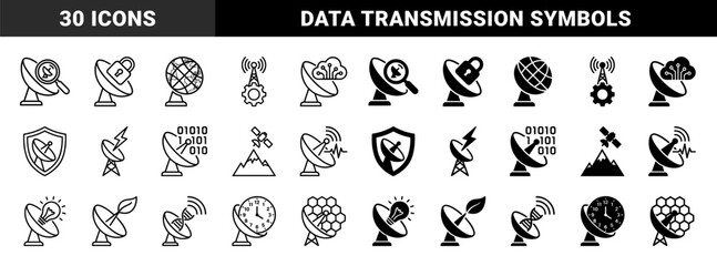 Fototapeta premium Satellite Dish Hybrid Concept Collection Combining Communication Technology with Data Security Science Nature and Time Management Symbols in Line and Solid Style