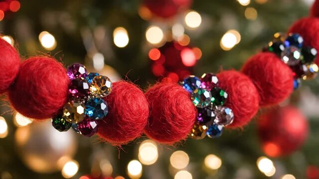 Festive red felt ball garland with colorful jewel accents strung on a Christmas tree for holiday decorating