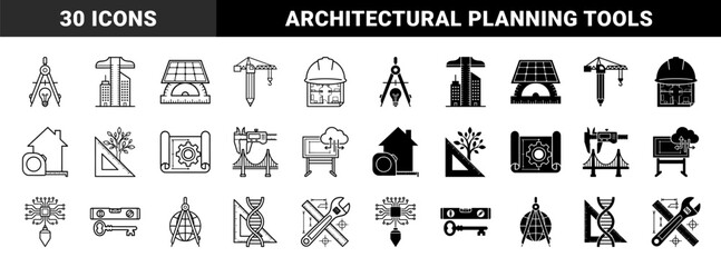Fototapeta premium Architectural engineering hybrid symbols merging construction tools with blueprint planning and sustainable building concepts in outline and solid styles