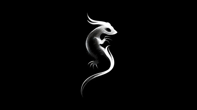 A monochrome illustration of a lizard-like creature with horns and a long tail, set against black