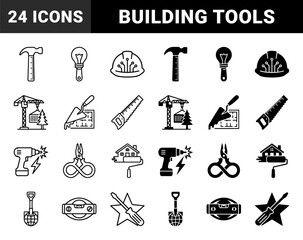 Fototapeta premium Construction and engineering hybrid symbols merging heavy machinery with technical tools and structural elements in outline and solid dual style