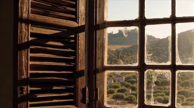 A rustic wooden window with shutters overlooks a scenic landscape. Rolling hills and a distant castle are visible under warm sunlight.