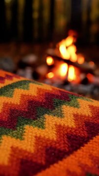 Cozy knitted blanket draped over a log near a warm campfire in a forest setting evokes feelings of comfort relaxation and autumnal warmth for lifestyle content