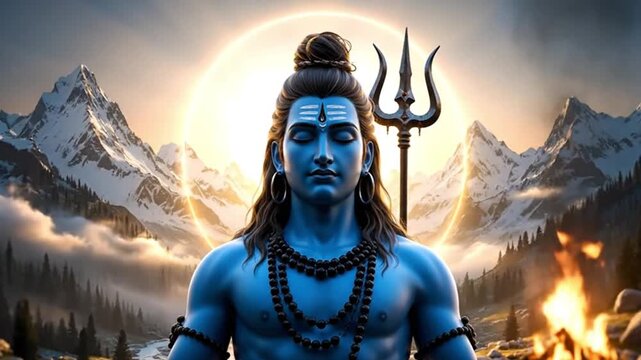 Ultra realistic 3D cinematic footage of Lord Shiva meditating in lotus pose on a massive ancient stone rock calm serene facial expression highly detailed blue skin sacred ash markings on forehead trad