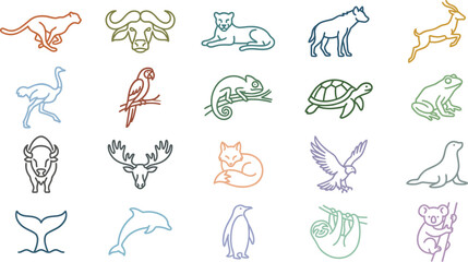 A diverse set of colorful minimalist line art animal icons for modern design. © NeoVector