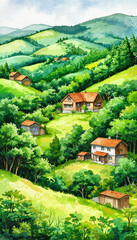 Naklejka premium Serene landscape with houses nestled in lush green hills 