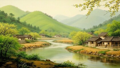 Fototapeta premium Serene landscape with mountains, river, and traditional houses in spring 