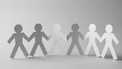 Row of paper chain people in white and gray stand on a gray surface