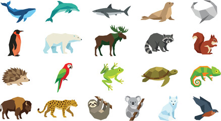 Fototapeta premium A diverse collection of geometric polygonal animals showcasing modern wildlife illustrations and vector icons.