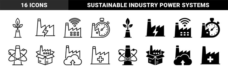 Fototapeta premium Industrial hybrid manufacturing and smart factory symbols featuring factory silhouettes merged with nature leaves energy bolts time clocks and cloud storage