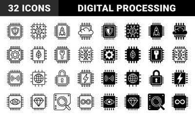 Hybrid microchip technology symbols featuring integrated hardware processing elements with cloud computing security and biometric data analysis imagery