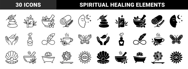 Fototapeta premium Wellness and Spirituality Hybrid Symbols Featuring Zen Stone Butterfly Crystals Moon Face and Herbal Medicine Elements in Outline and Solid Style