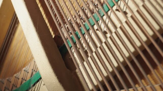 Extreme Close-Up: Inside Upright Piano Strings and Soundboard Detail | Internal Mechanism of Acoustic Piano with Dampers and Felt Pads | Classical Music Instrument Interior Macro View