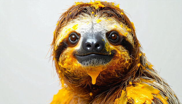 Adorable and messy two-toed sloth covered in bright orange food gazing playfully at the camera in a humorous studio portrait perfect for cute animal concepts.
