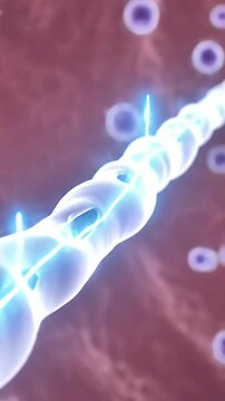 Detailed medical illustration depicting a neuron with synaptic connections and surrounding cells showcasing neurological processes and cellular communication in a vibrant scientific style