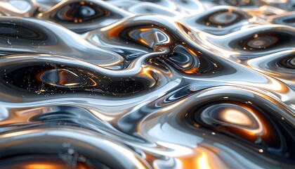 Abstract liquid metal surface with dynamic reflections and refractions.