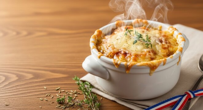 Traditional French Onion Soup with Melted Gruy&egrave;re and Steam on Warm Amber Copy Space