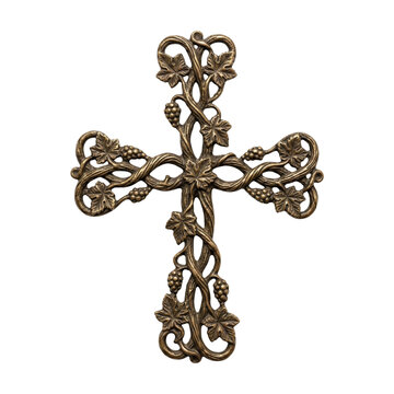 Ornate bronze decorative cross with grapevine and ivy leaf motifs