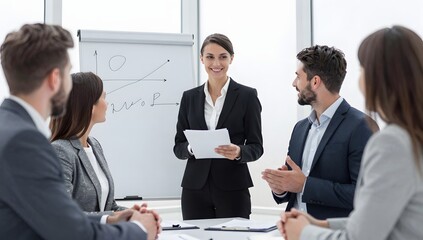 Fototapeta premium Business presentation in the office with white board and motivated people