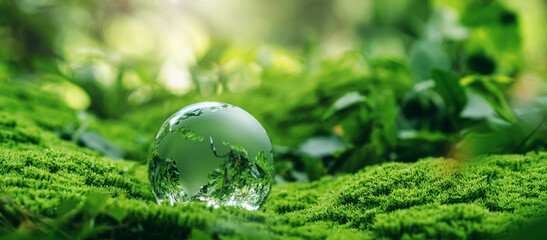 Glass globe on green moss forest representing environmental sustainability, climate protection, carbon neutrality and global eco conservation concept © Katawaredoki