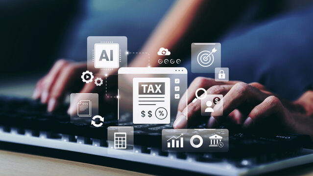 Business woman using artificial intelligence tax management interface with financial analytics dashboard, automation system, and digital accounting tools for online business and fintech workflow