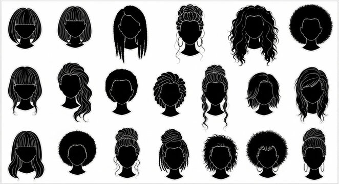 Collection of diverse hairstyles silhouettes for women.