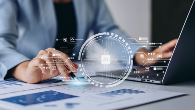 Businesswoman analyzing financial report with AI interface overlay, artificial intelligence data analytics dashboard and digital automation technology concept in modern office