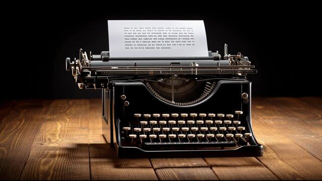 A typewriter sits on a wooden table as words are typed on paper. The location focuses on writing text with each keystroke made clear.