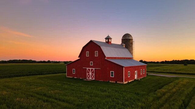 Red barn and silo in green field at sunset
