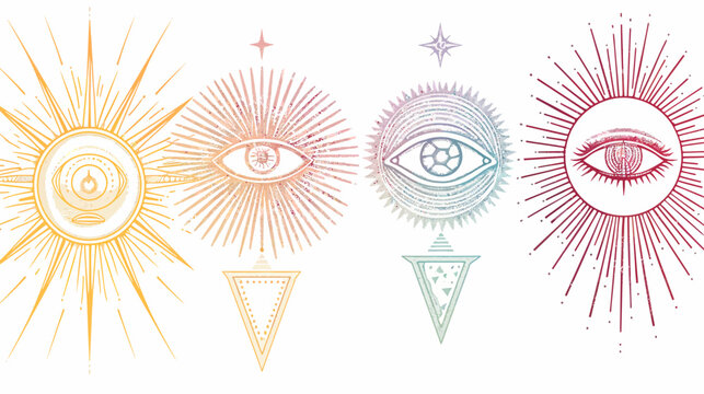 A collection of stylized, colorful eye illustrations with sunbursts, stars, and geometric shapes
